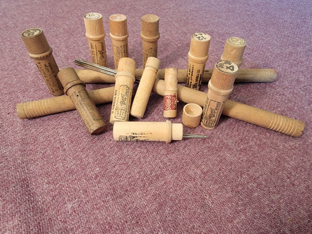 Vintage wooden needle cases lot of 14 tubes with needles advertising sewing